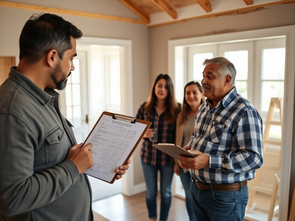 Contratista general explicando un presupuesto de remodelación a una familia hispanohablante en su casa