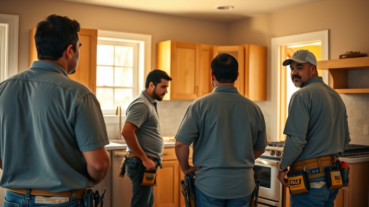 Contratista general hispanohablante y su equipo trabajando en la remodelación de una cocina en una casa de Estados Unidos